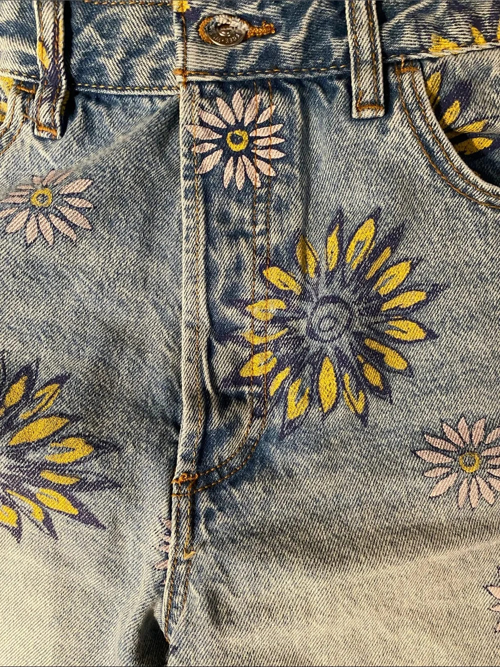 Free People Light Blue Denim Shorts with Yellow & Pink Floral Print